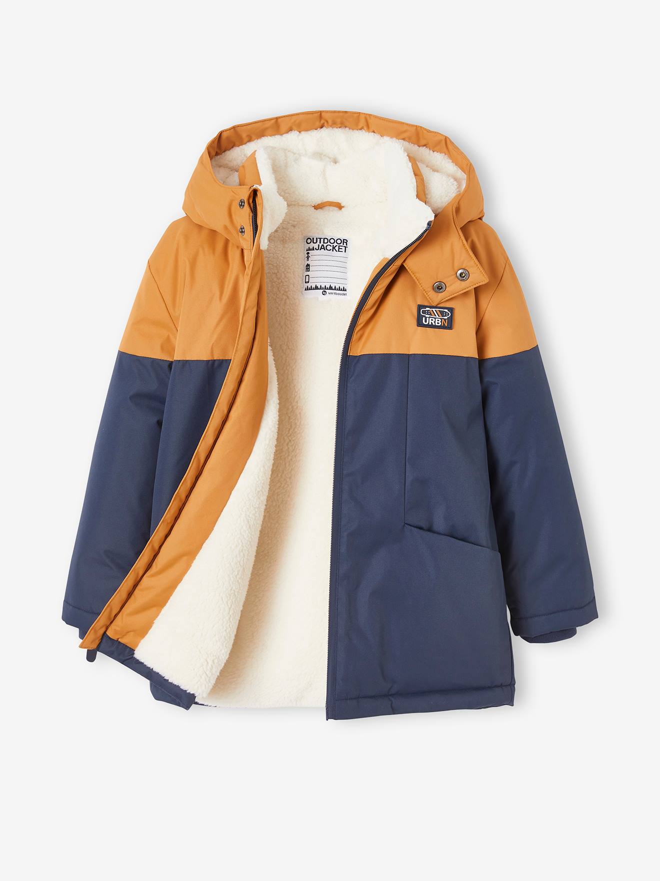 Parka técnica com capuz para meninos, marrom médio, lisa com estampas.