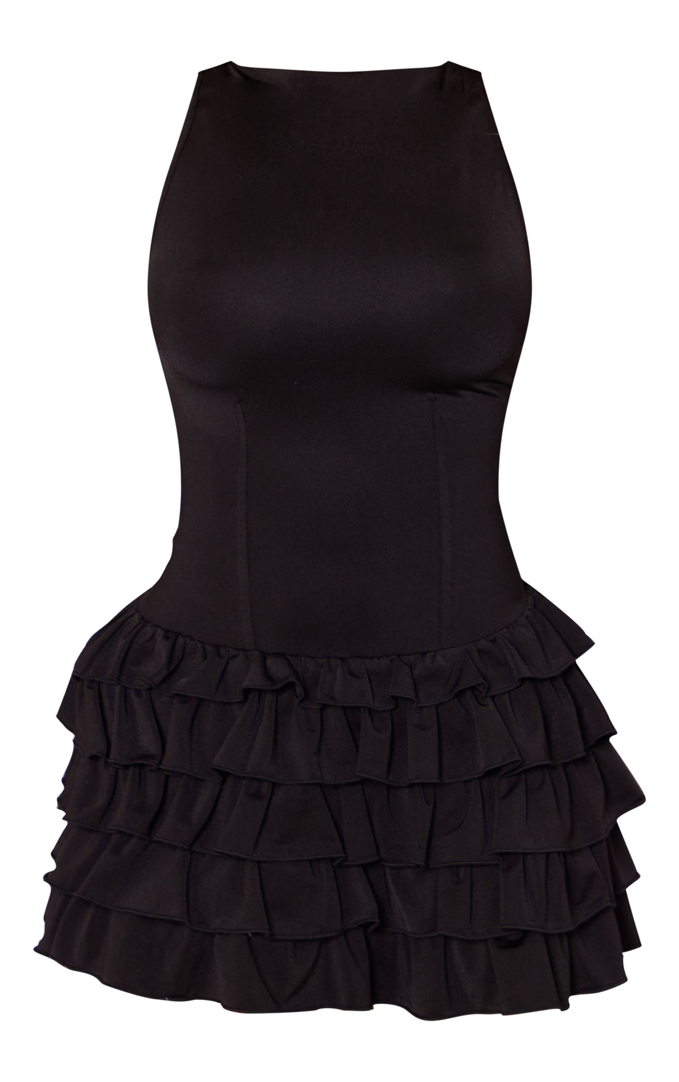 Noir Robe Micro Mini En Tissu Slinky À Ourlet Volant