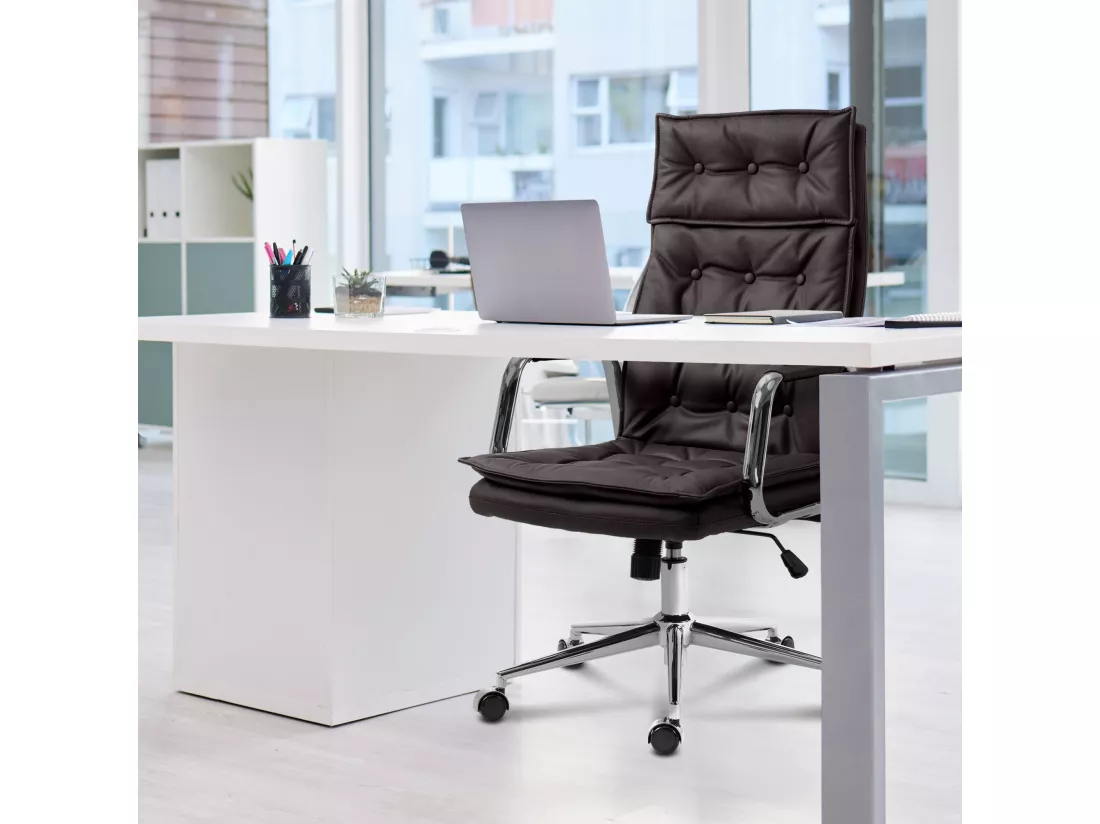 Chaise de bureau - Véritable cuir & Métal chromé - Marron - Sotira