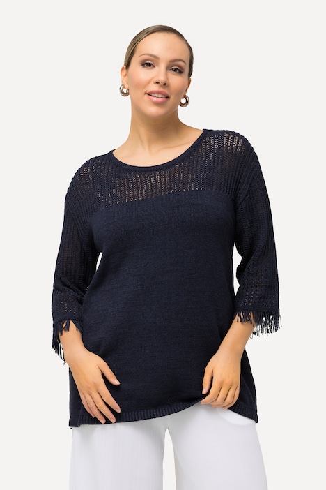 Pullover, Lochmuster, Rundhals, Fransen, 3/4-Arm