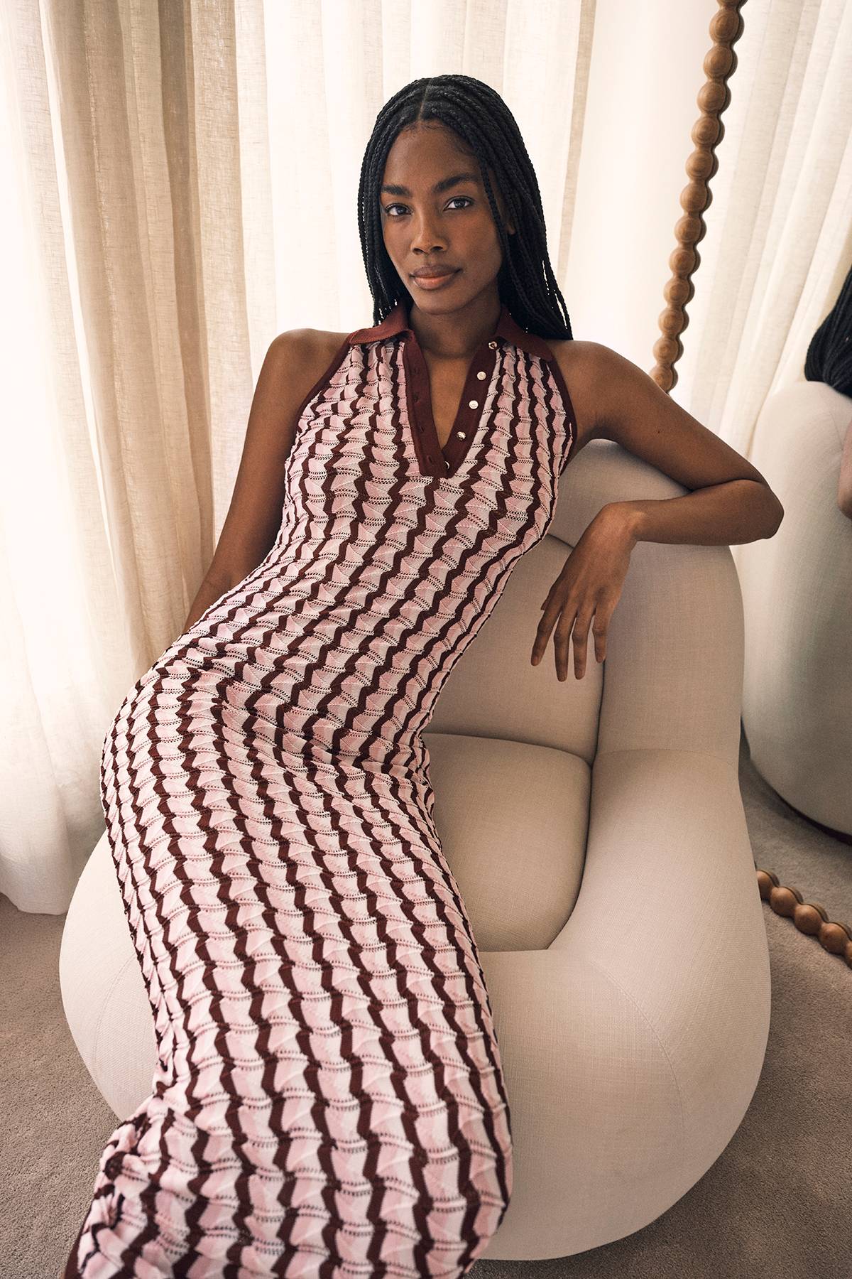 KarenMillen Robe Midi Sans Manches En Maille Pointelle À Col Contrastant
