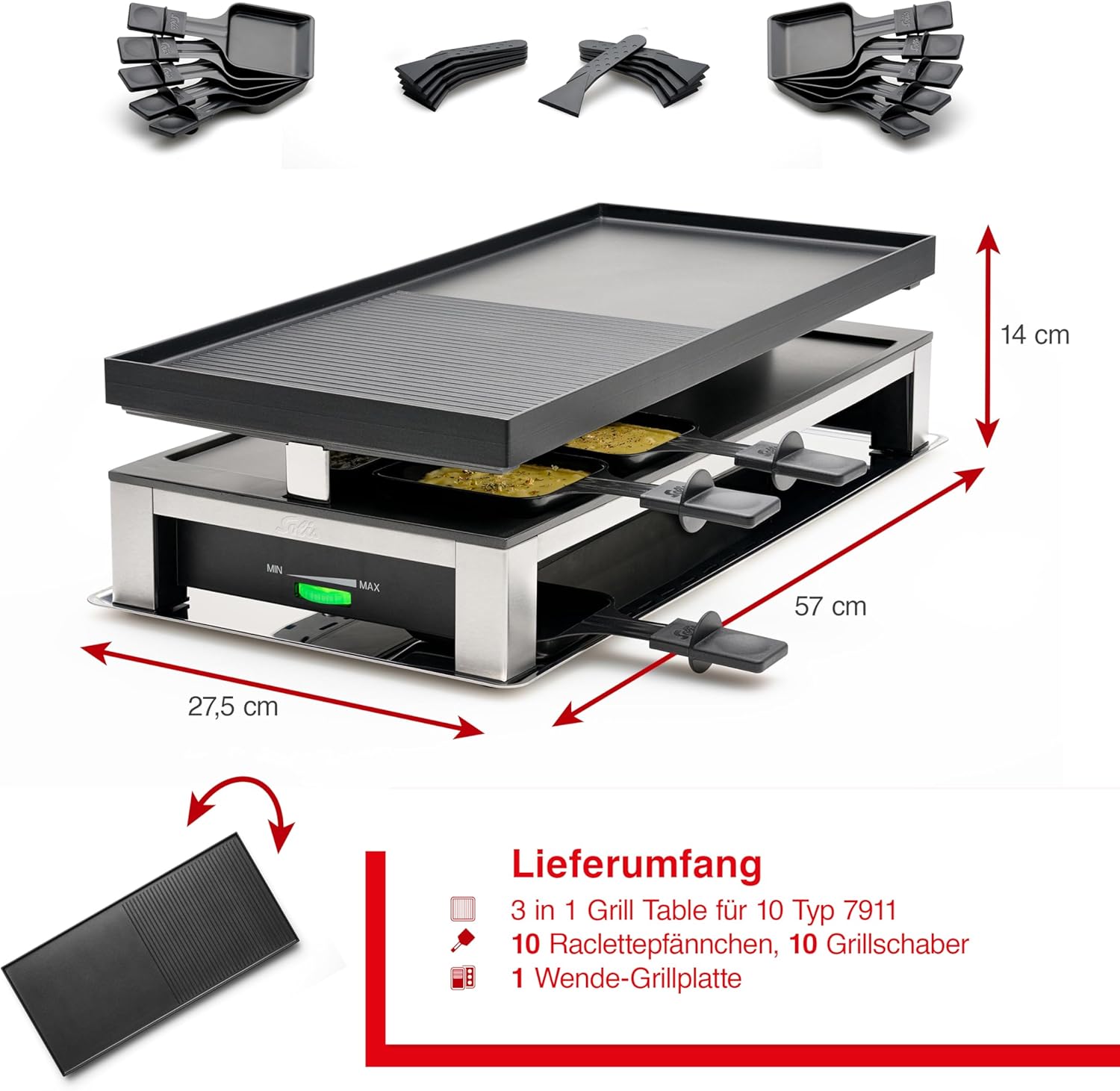 Solis 3-in-1 Combi Grill – Elektro Tischgrill mit Raclette, Grill & Crêpe-Funktion, für bis zu 10 Personen, 53x24 cm Antihaft-Grillplatte, Thermostat, inkl. Pfännchen & Schaber, PFAS-frei
