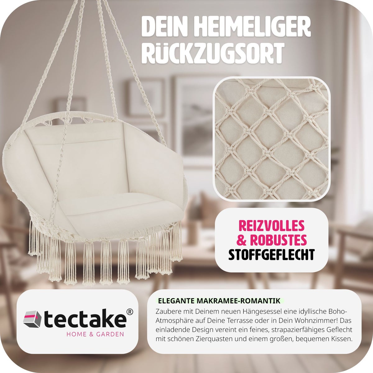 tectake Grazia hangstoel met zit- en rugkussens 80 x 72 x 125 cm