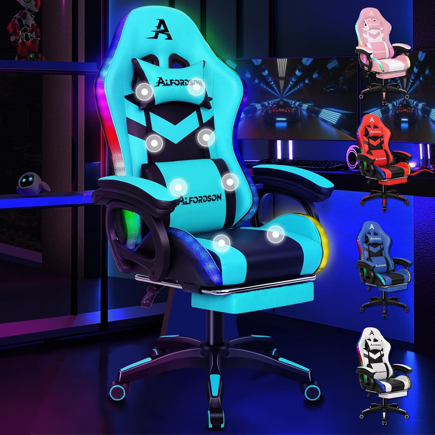 ALFORDSON Gaming Stuhl mit 8-Punkt Massage 12 Farben RGB LED-Licht, Bürostuhl Ergonomisch mit fußstützen, Kopfstütze Lendenkissen für Kinder Erwachsene, Cyan
