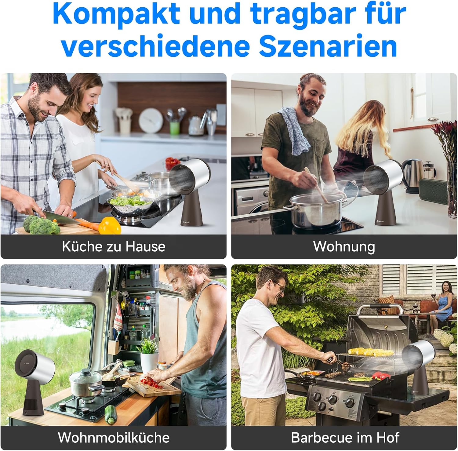 AMZCHEF Mobile Dunstabzugshaube, Tragbare Abzugshaube Keine Installation mit 3 Geschwindigkeitsmodi und Mehrere Filtersysteme, LED-Licht, Große Öl-Auffangschale, Geräuscharmut(Braun)