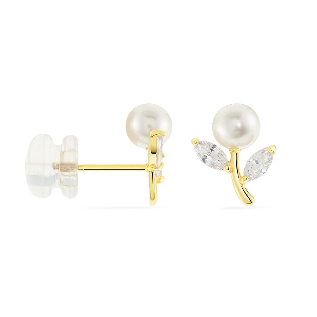 Boucles D'oreilles Puces Frigga Or Jaune Perle De Culture Et Oxyde