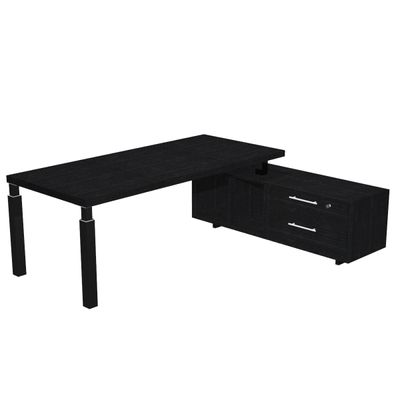 Bureau Manager FLORA - avec console retour réversible - L195 x P170 cm - pieds en métal noir - plateau imitation frêne noir