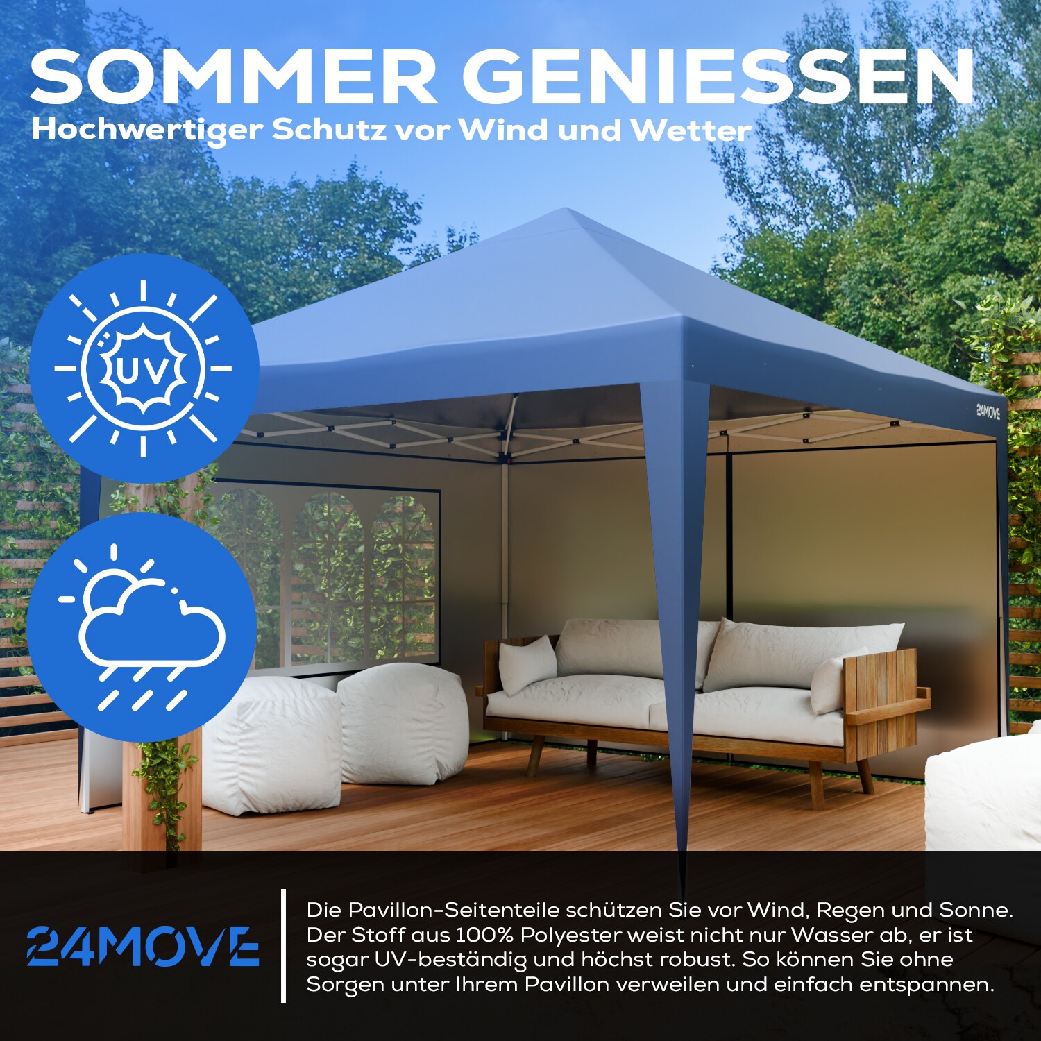 24MOVE® Pavillon Seitenteile 2er Set 2x3m mit Fenster & Reissverschluss, wasserdicht, blau - für Partyzelt, Festzelt, Festivals