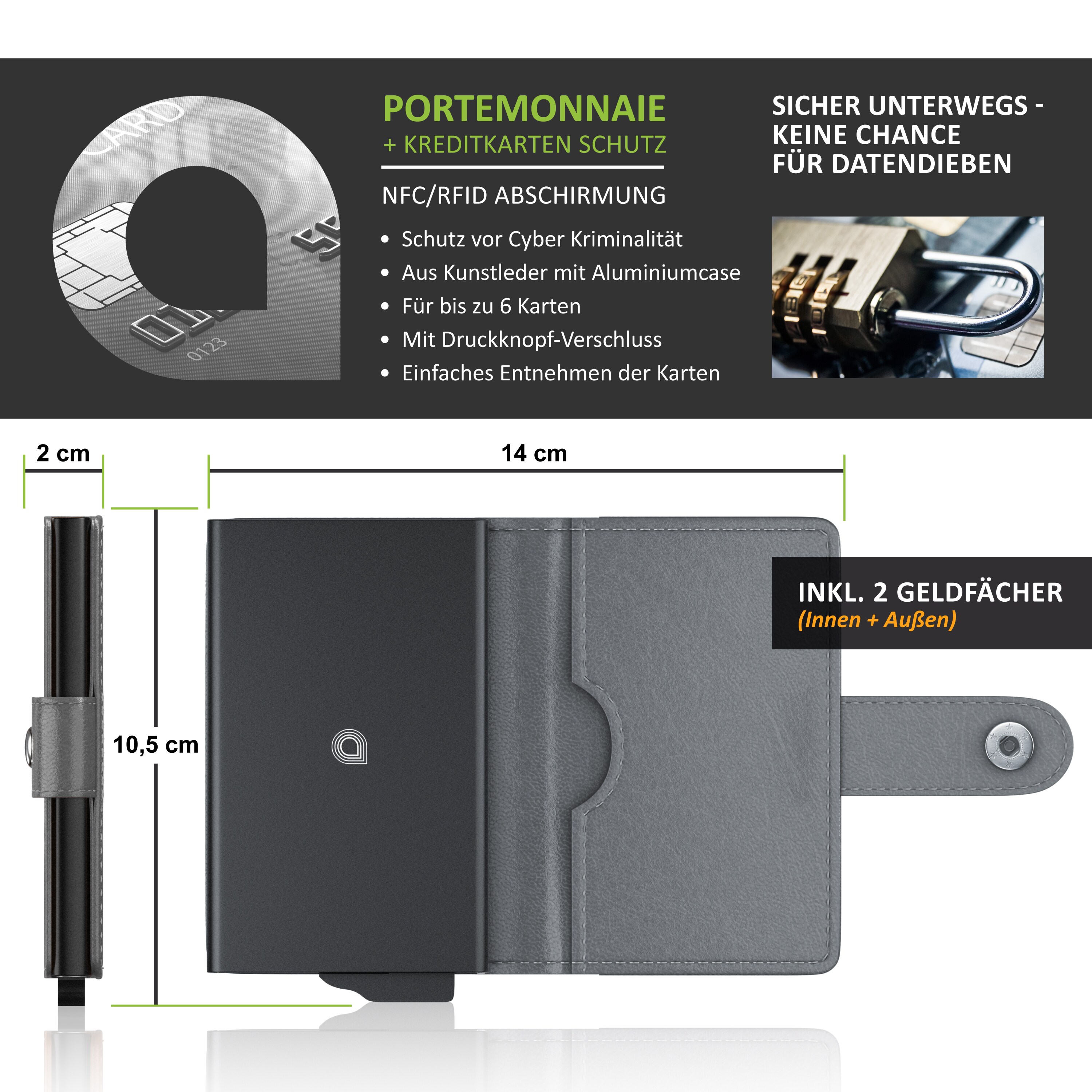 Aplic NFC / RFID Kartenetui Portemonnaie - NFC / RFID Abschirmung Blocking - Schutz vor Cyber Kriminalität - für bis zu 6 Karten - kompakt und stabil