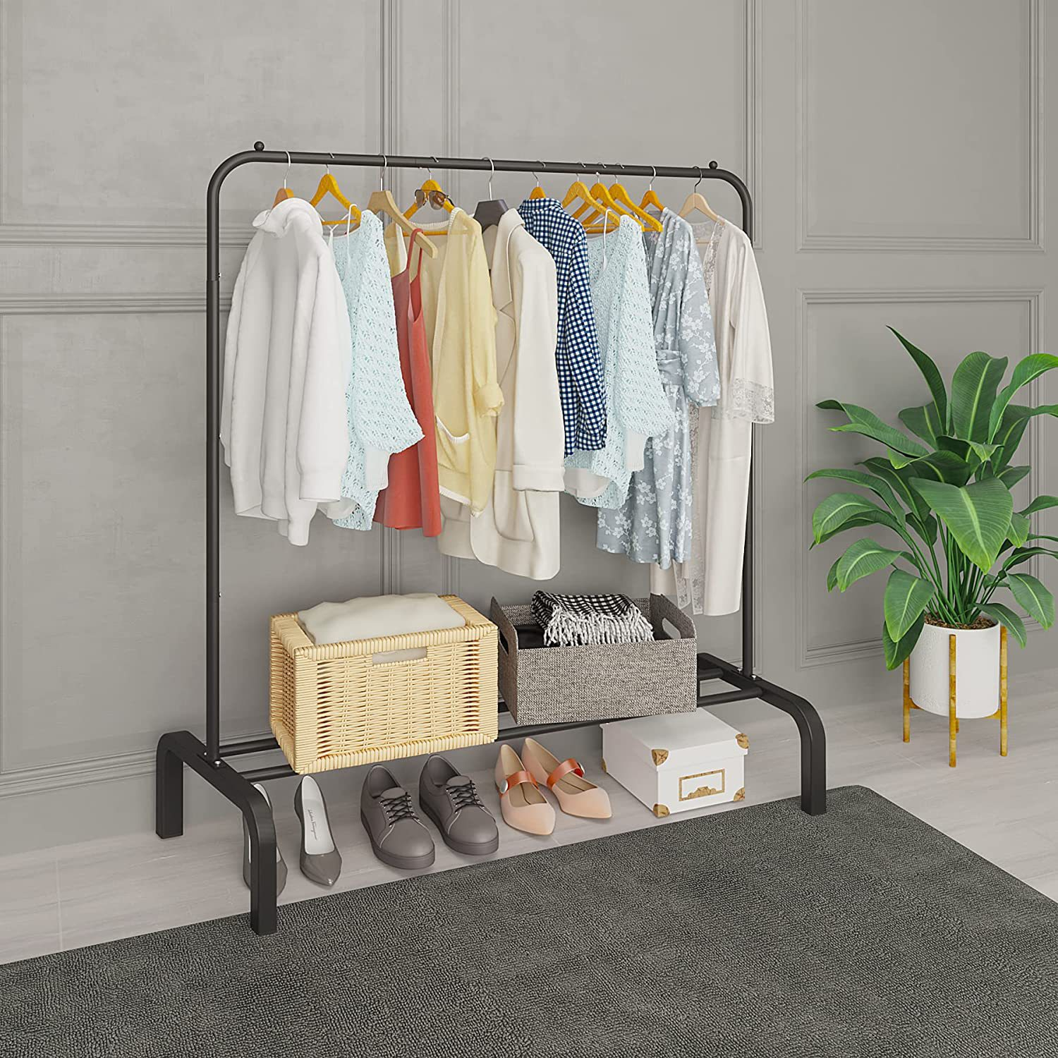 (150x110cm) Metall Kleiderstange Freistehender Kleiderständer Garderobe inkl. Schuh Ablage - Schwarz