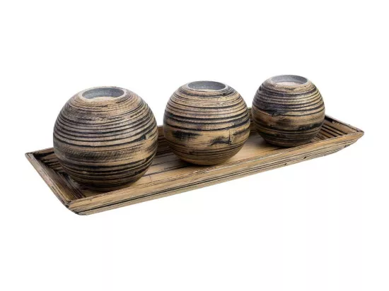 Ensemble plateau et 3 bougeoirs en bois de bambou marron 33x13x3h cm