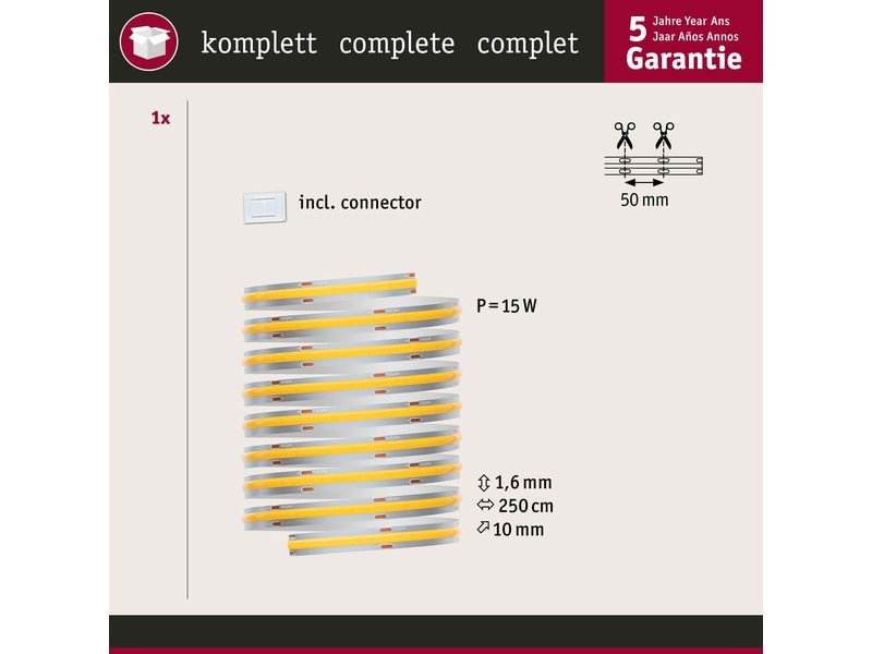 Paulmann LED-Stripe MaxLED 500 Einzelstripe COB, 2700K, 2.5 LED Streifen Full-Line COB Basisset