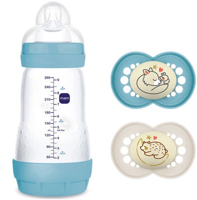MAM Original Night Silikon Smokker 2-Pack & Easy Start Tåteflaske Anti-kolikk 260 ml, Blå