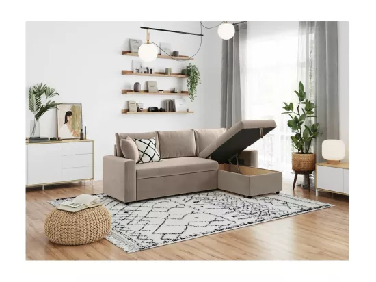 Canapé d'angle 3 places Maria réversible, convertible avec coffre en velours côtelé - Taupe - L227 x P146 x H81cm - Loungitude