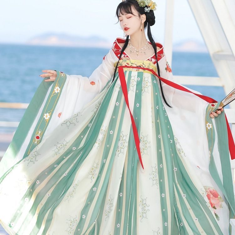 Francoix - Hanfu Set van 2: Geborduurde top met lange mouwen + Maxi-rok met print op de borst