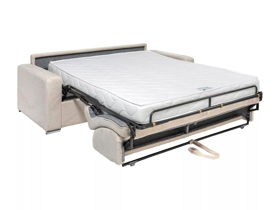 Canapé 3 places convertible express en velours côtelé beige - Couchage lattes larges 140 cm - Matelas 18 cm CALITO