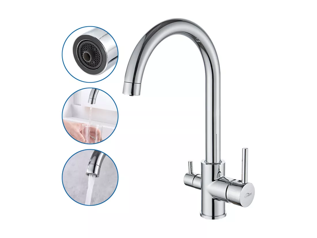 Auralum max Mitigeur de Cuisine 3 Voies,Robinet Cuisine Pivotant à 360°,Robinetterie Cuisine Eau Potable,avec Sortie Eau Filtrée,Acier Inoxydable