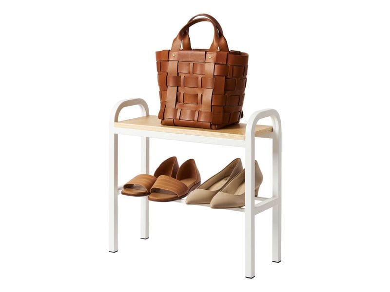 Yamazaki Schuhregal Tower 48 x 46 cm, Weiss Schuhorganizer mit Holzablage