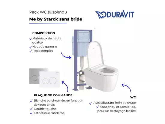 Pack WC suspendu sans bride DURAVIT Soleil by Starck avec abattant frein de chute + bati support SIAMP + Plaque de commande chromée