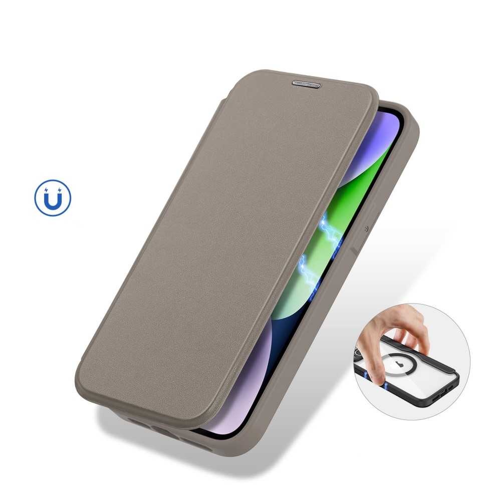 iPhone 14 Pro MagSafe Hybrid Leder Tasche   Kunststoff Rückseite - Khaki / Transparent