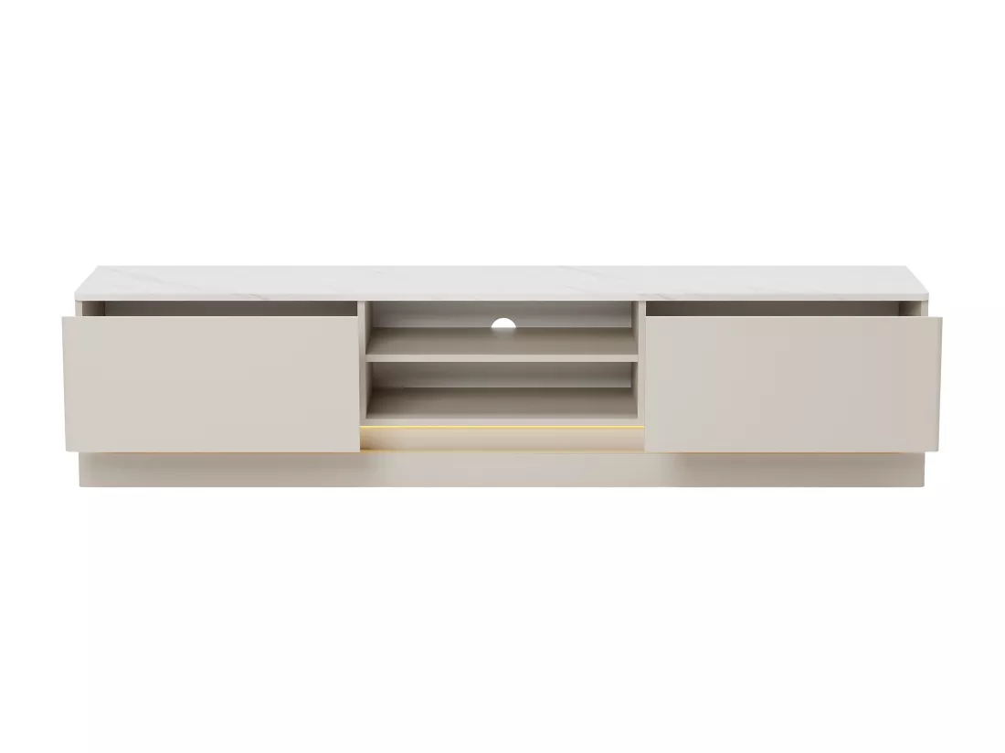 Meuble TV 2 tiroirs et 2 niches avec LEDs en MDF - Beige et effet marbre blanc - DEVIKA de Pascal MORABITO