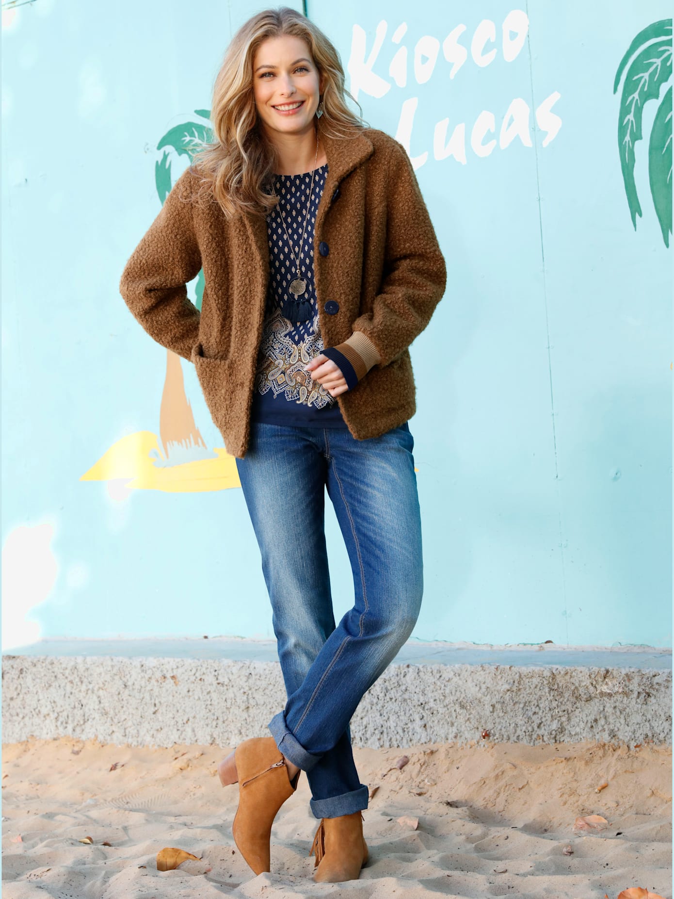 Veste imitation mouton col à revers avec bords-côtés rayés