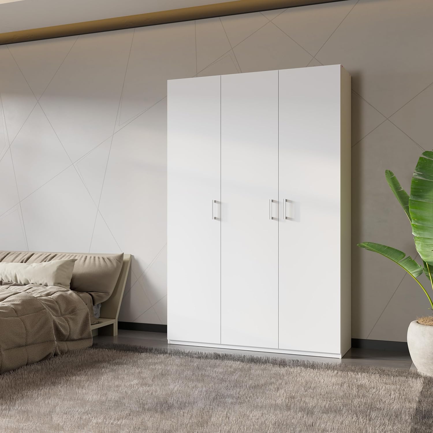 Forte Home Nook Mehrzweckschrank 135 40, moderner Drehtürenschrank mit 3Türen, Flur, Holzwerkstoff, Weiß, 133,2 cm breit x 210,5 cm hoch x 42 cm tief
