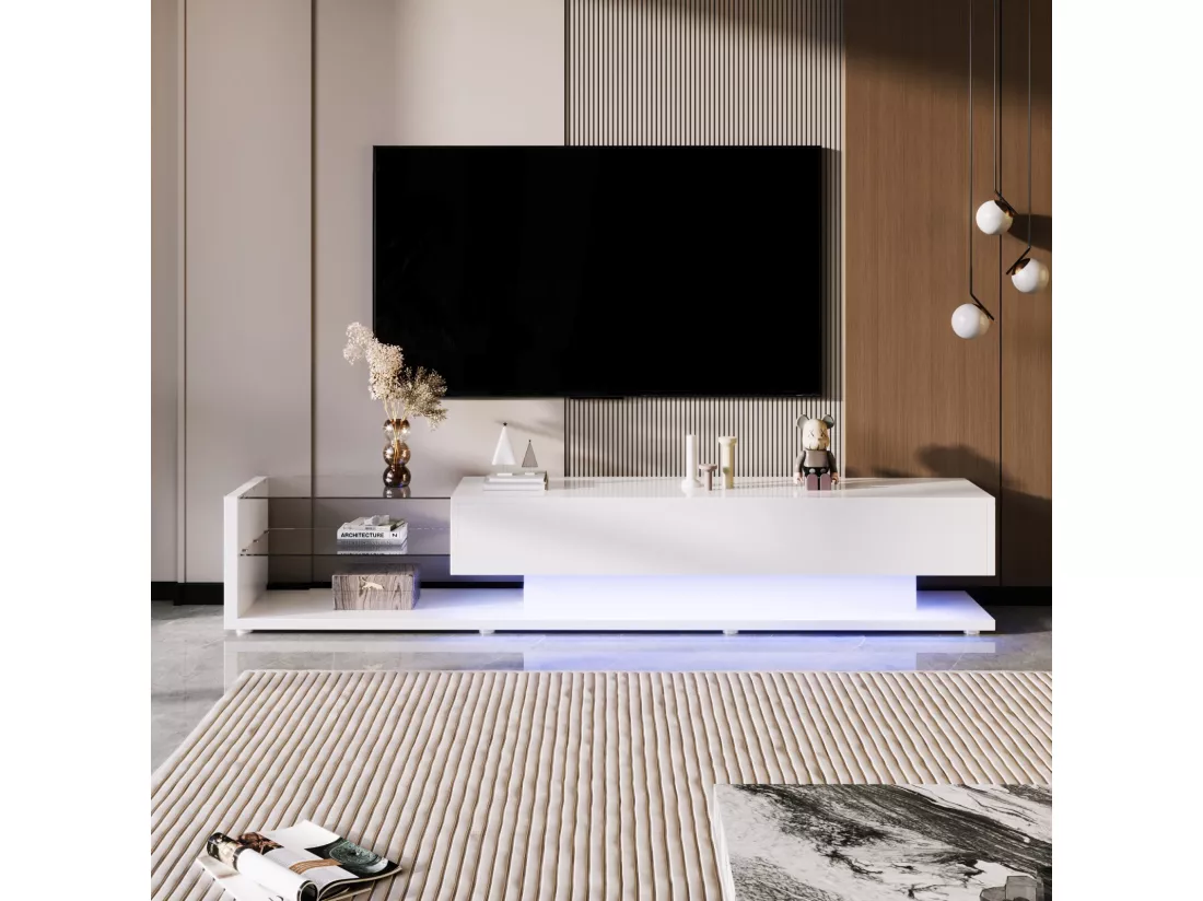 Meuble TV 2 tiroirs et 2 étagères en verre, panneaux bas, avec LED variable, charge max 50kg, 170x36x38cm, Blanc