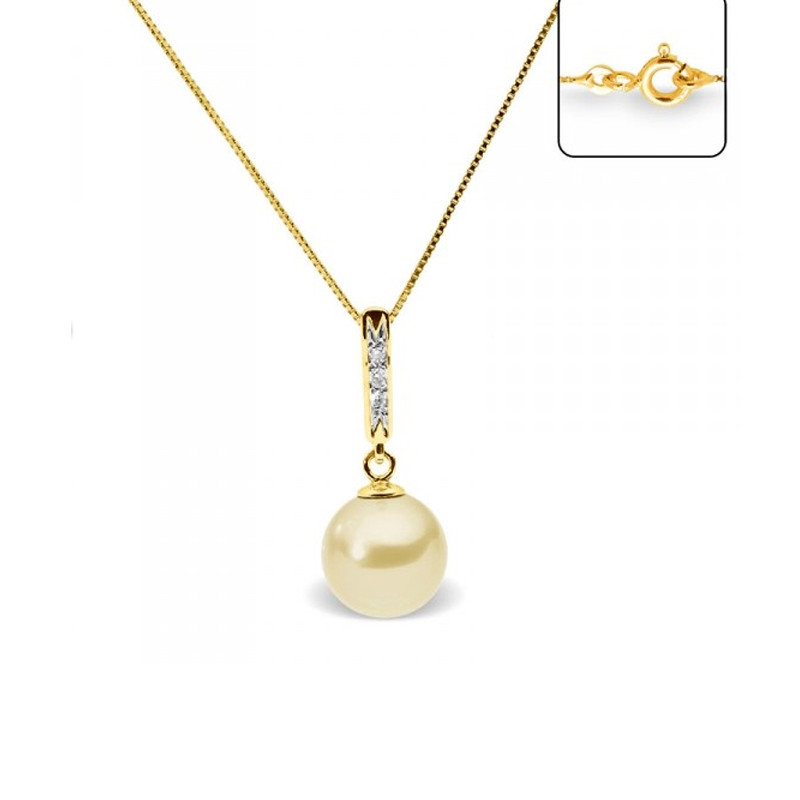 Collier Pendentif Perle de Culture d'eau douce Dorée, Diamants et Or Jaune 375/1000
