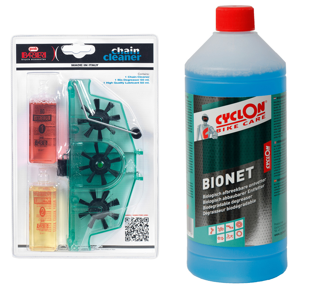 Barbieri Kæderenser med 3 børster og 1 liter Cyclon Degreaser BIO