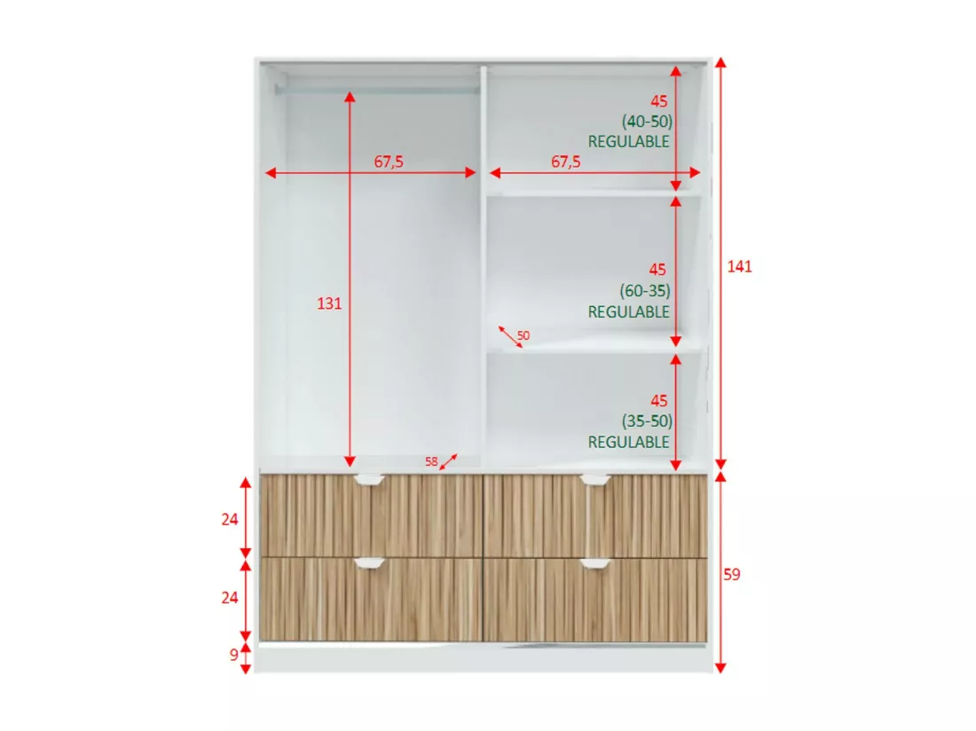 Garde-robe 2 portes Dzedadk, Meubles de chambre, Penderie de plain-pied, Placard à vêtements, 140x60 h200 cm, Blanc et Chêne clair