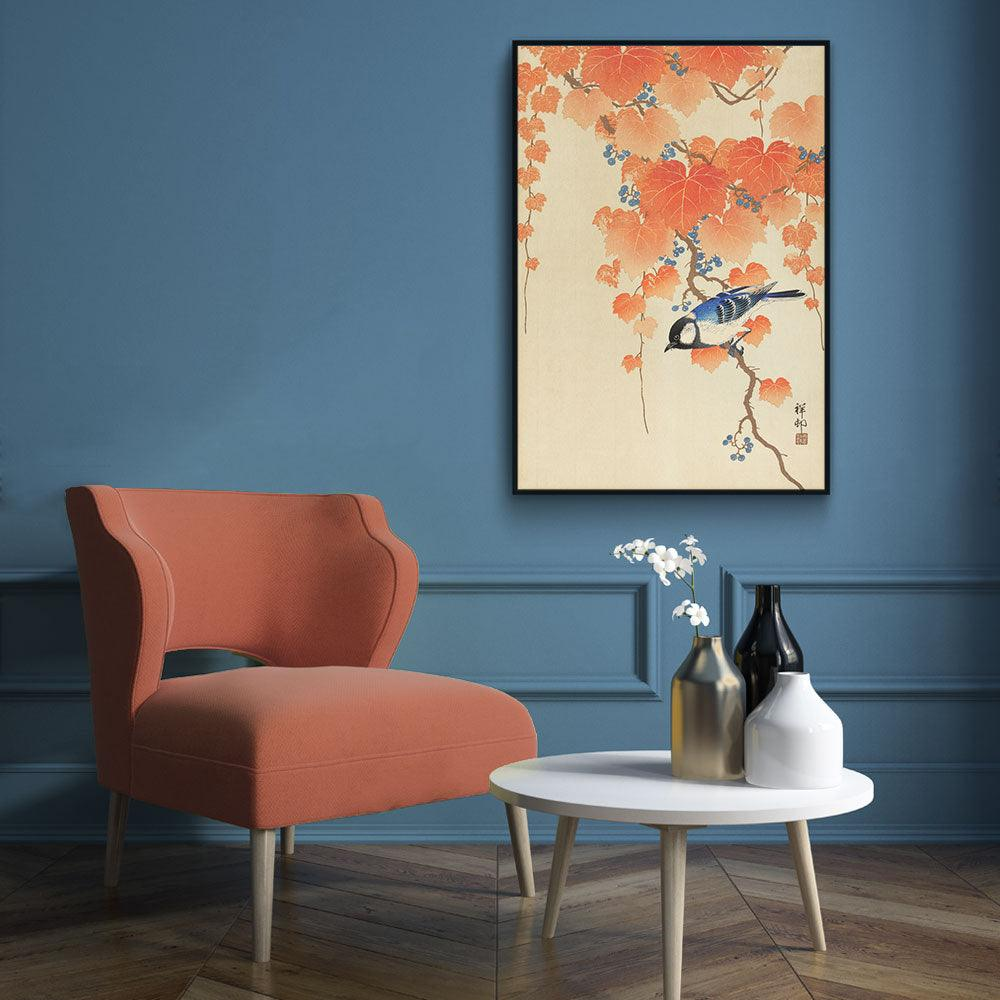Walljar canvas schilderij - Ohara Koson - Great Tit On Paulownia Branch Canvas schilderij - 50 x 70 cm