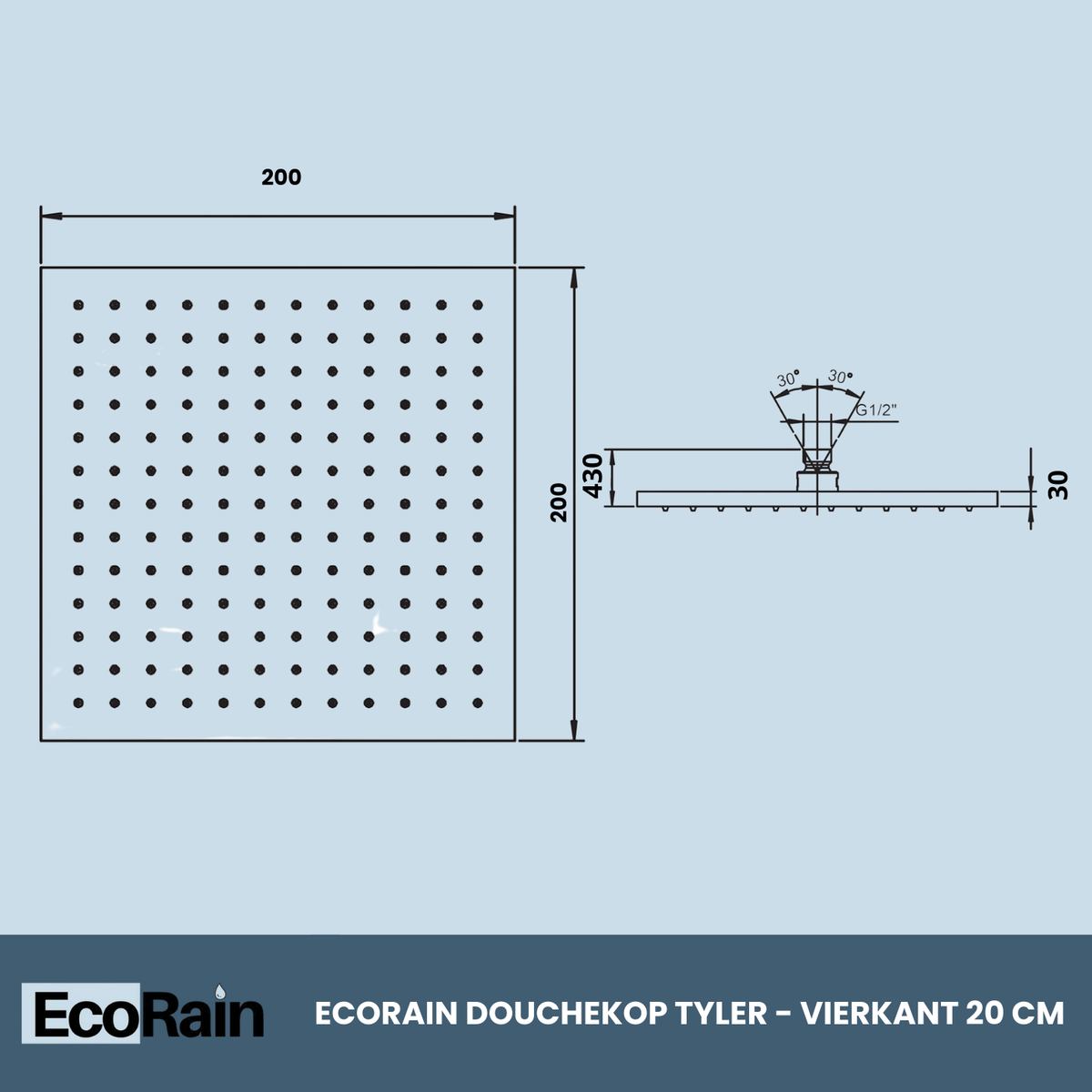 EcoRain Waterbesparende Regendouchekop Tyler 20 cm Chroom met Douchearm - 30% Waterbesparing - Waterbesparende Douchekop - Rechthoekige Regendouchekop - Universeel - Verbrandingsbestendige Douchekop