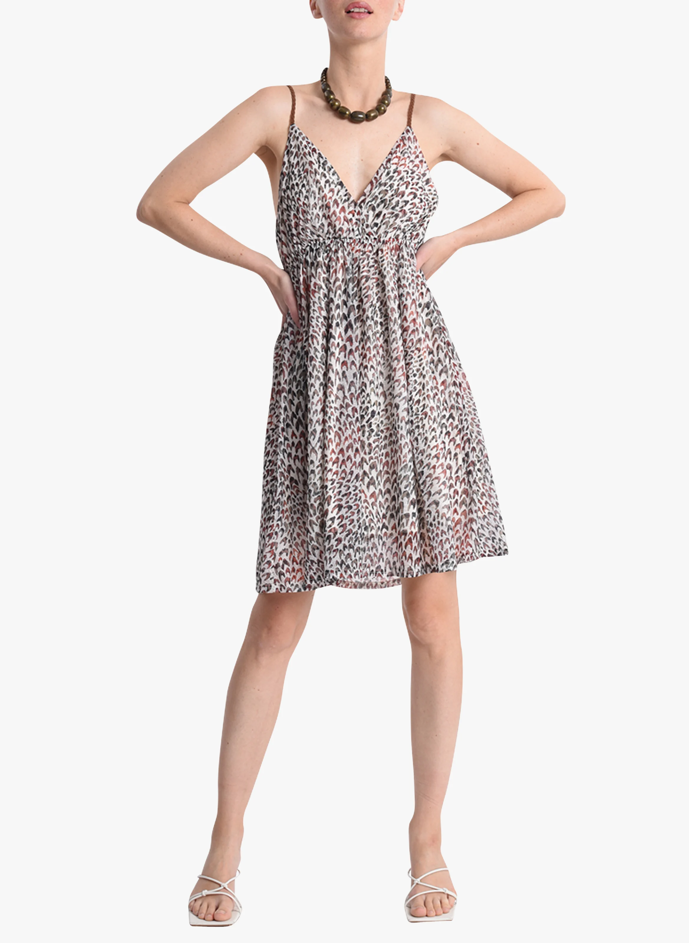Robe courte col V imprimé léopard | Beige