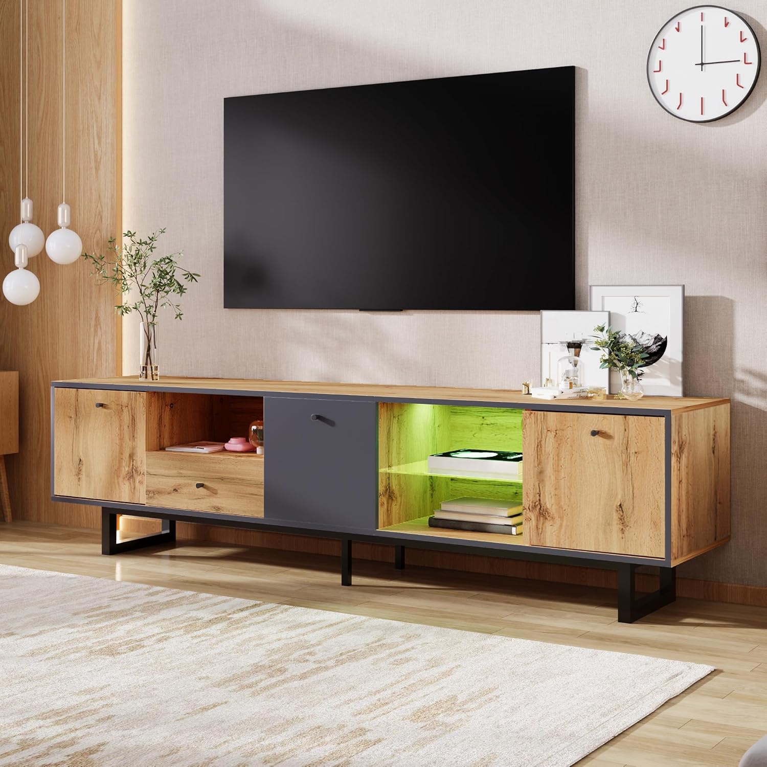 TV-Schrank, Fernsehtisch mit LED, 190 cm TV Lowboard mit Schubladen und Tür, Modern TV Board, TV-Regal mit Glastrennwand für Fernseher bis zu 80 Zoll, für Wohnzimmer und Esszimmer