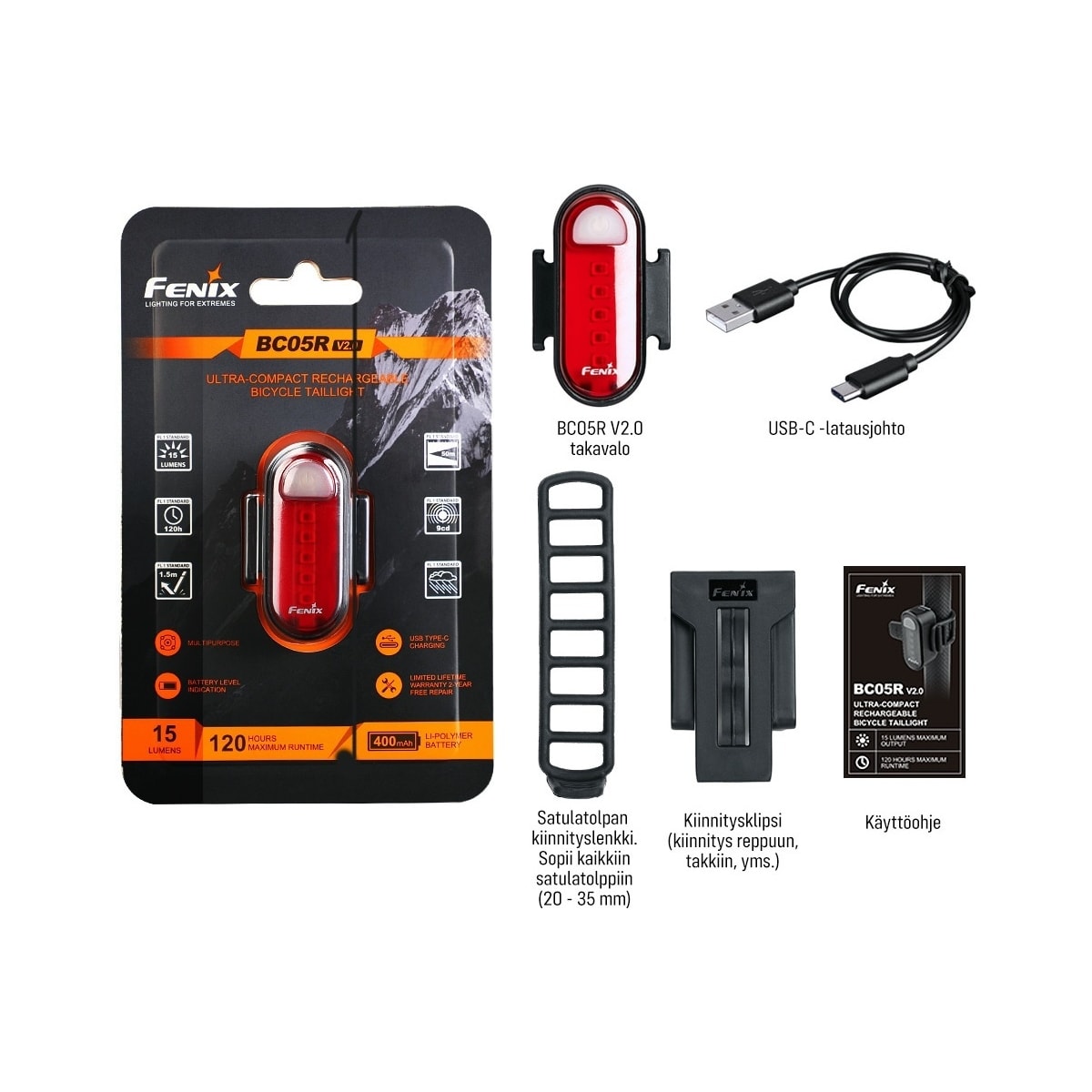 Fenix ​​​​BC05R V2.0 bakljus, 15 lm