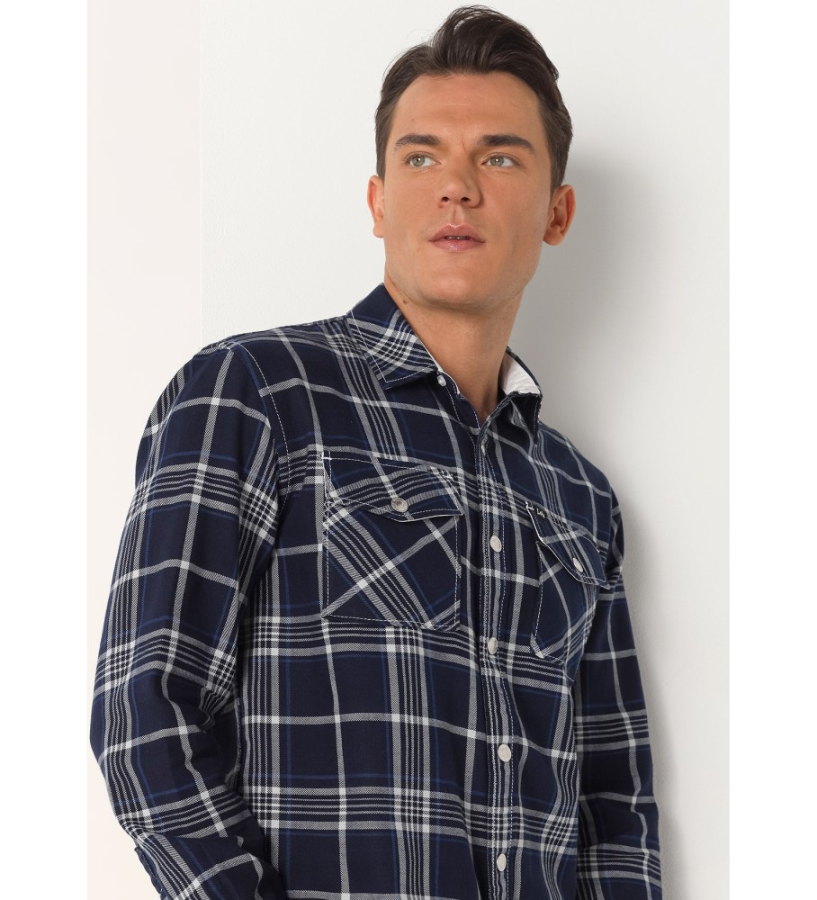 Camisa xadrez Lois acima do joelho com botões metálicos azul-marinho