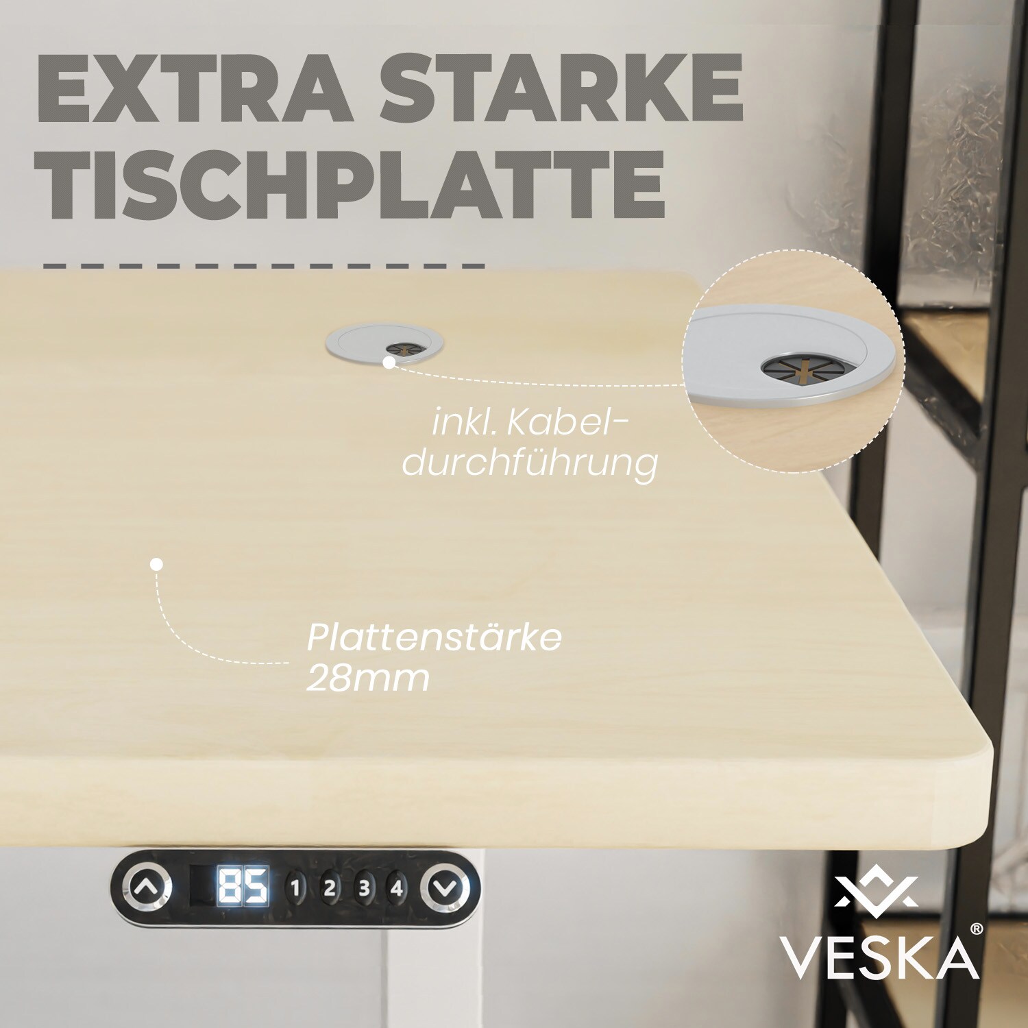VESKA Höhenverstellbarer Schreibtisch (140 x 70 cm) - Sitz- & Stehpult - Bürotisch Elektrisch Höhenverstellbar mit Touchscreen & Stahlfüßen - Anthrazit/Antik