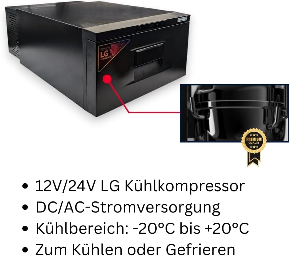 PUNDMANN Kompressor Kühlschublade 20L 12V/24V Kühlbox Kühlschrank Kühlfach bis -20°C für Wohnmobil Wohnwagen PKW Auto LKW Lastwagen Van Boote Camping Reisen klein