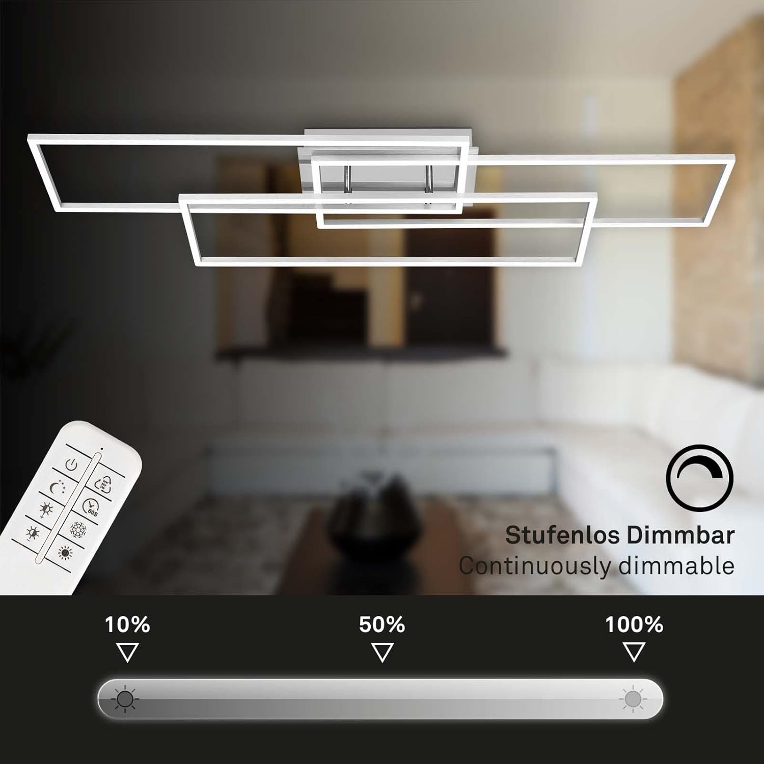 BRILONER Leuchten – Deckenlampe LED, Dimmbar, Deckenleuchte mit Fernbedienung, LED Frame, Farbtemperatur einstellbar, Chrom-Alu, 1165x330x95 mm