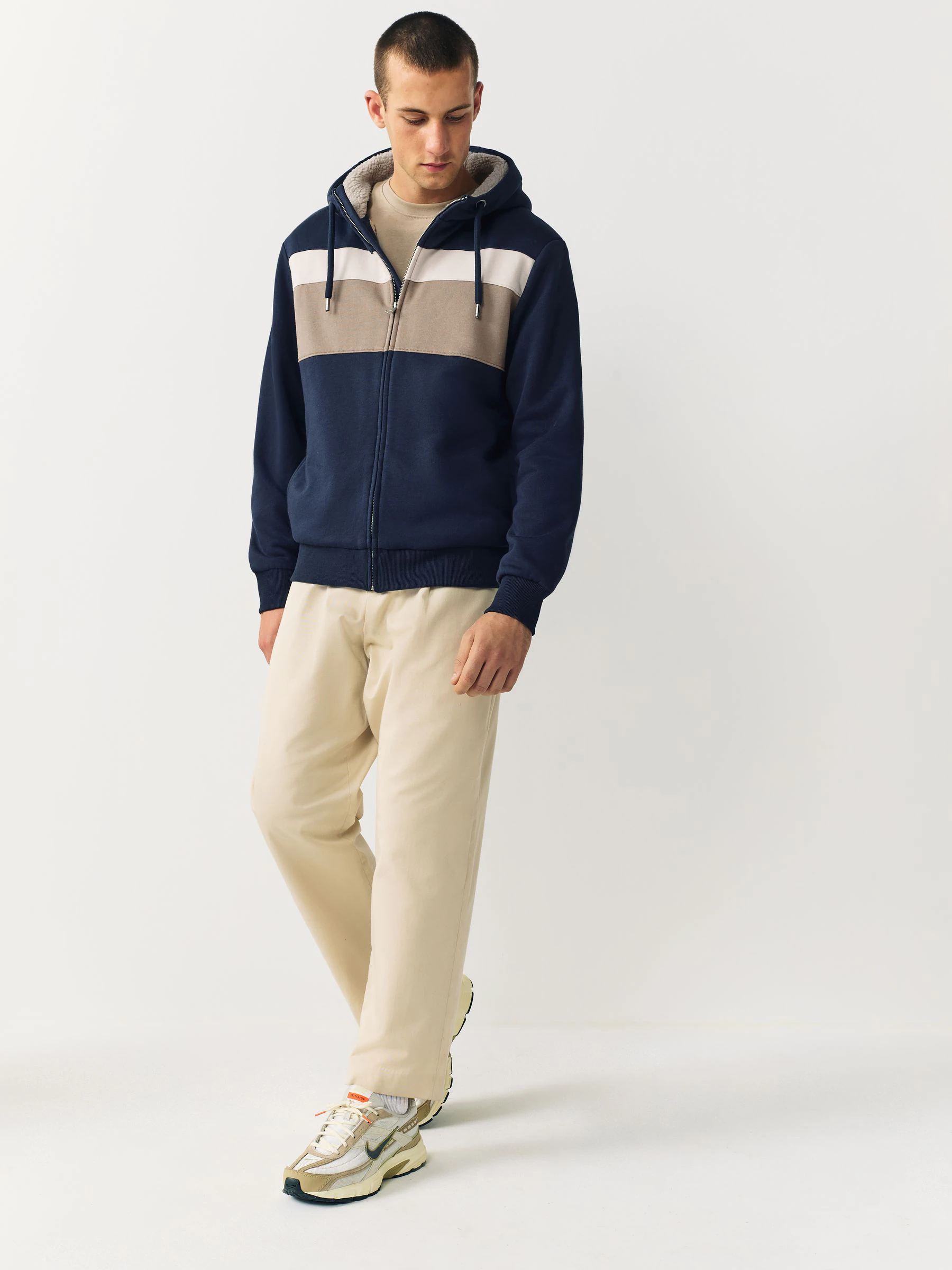 Blauw/ecru - Borg hoodie met fleecevoering en volledige ritssluiting