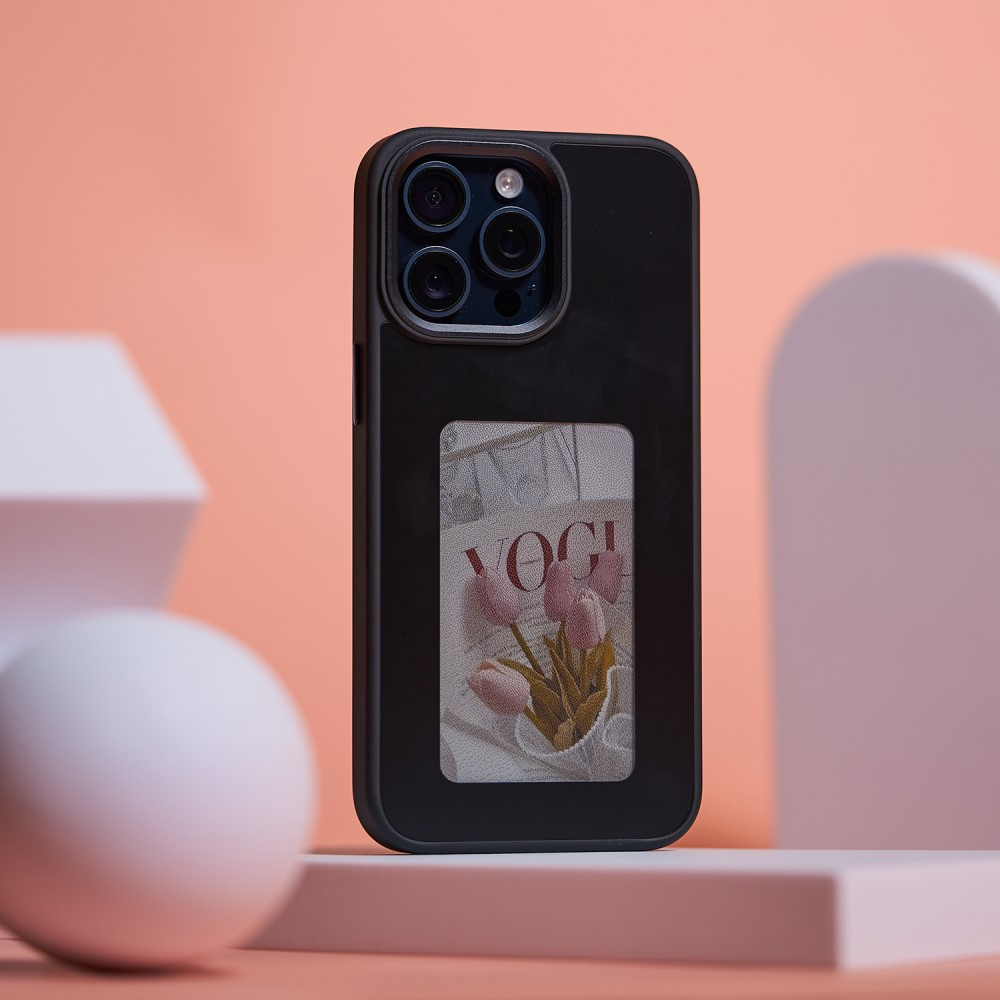 iPhone 15 Pro Max Hybrid Hülle TPU Bumper mit Acryl Rückseite   DIY E-Ink Display mit NFC Technologie - Schwarz
