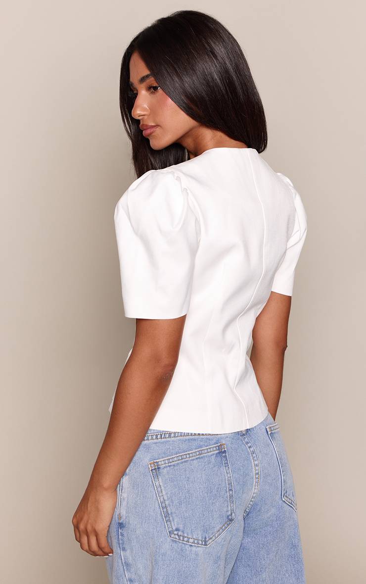 Blanc Top Petite Tissé À Boutons Et Manches Bouffantes