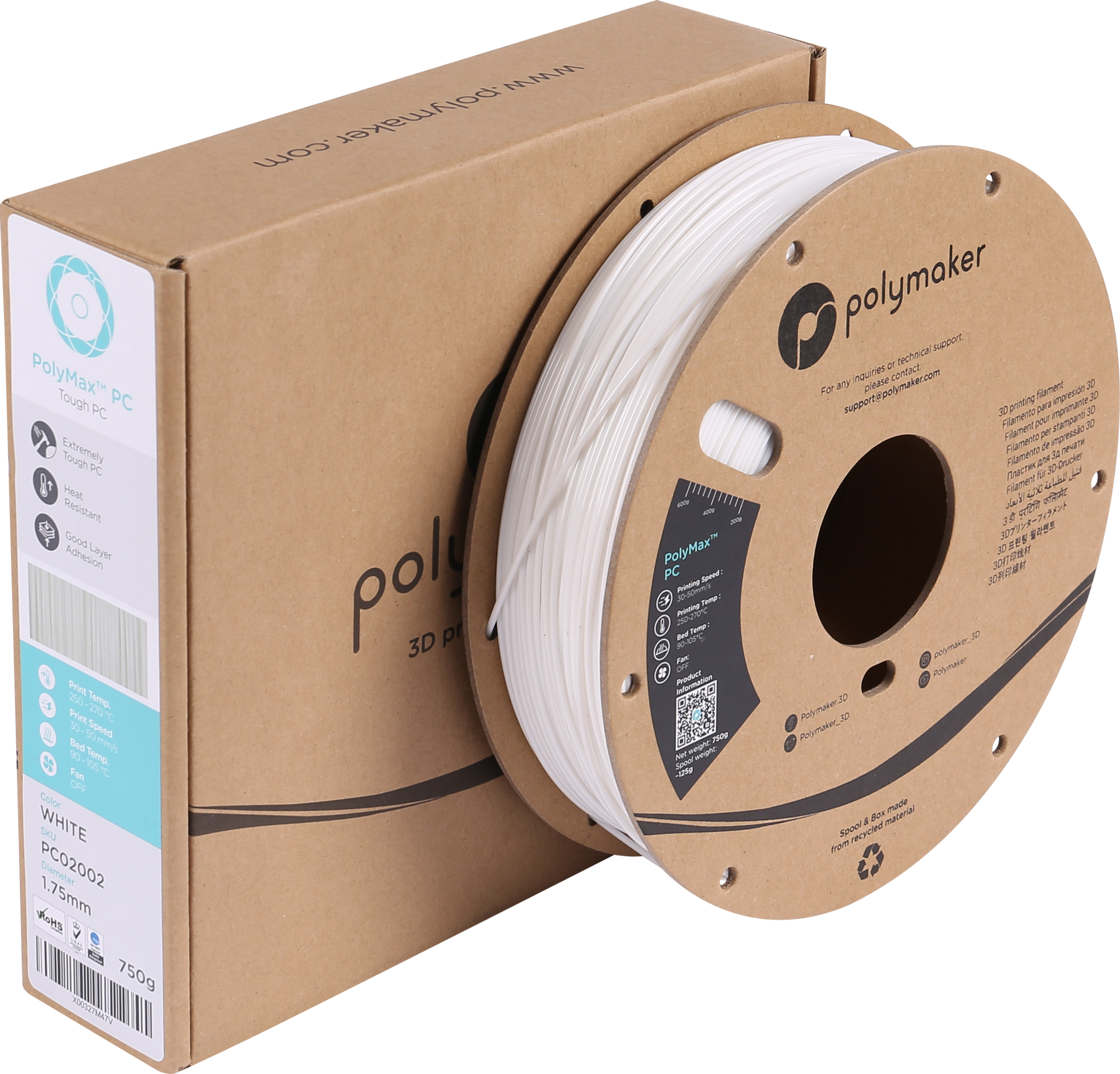 Polymaker  Polymax PC Weiß, 1,75 mm / 750 g    Das optimierte Polycarbonat mit den besten Eigenschaften in Weiß