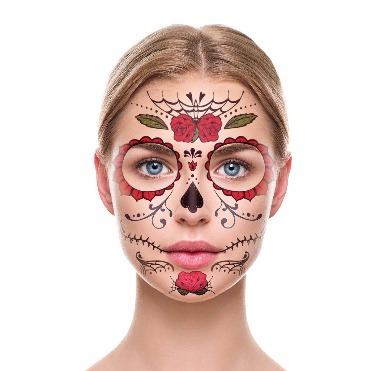 (9-tlg. Set) Halloween Totenkopf Gesichts Tattoo Tag der Toten - La Calavera Catrina