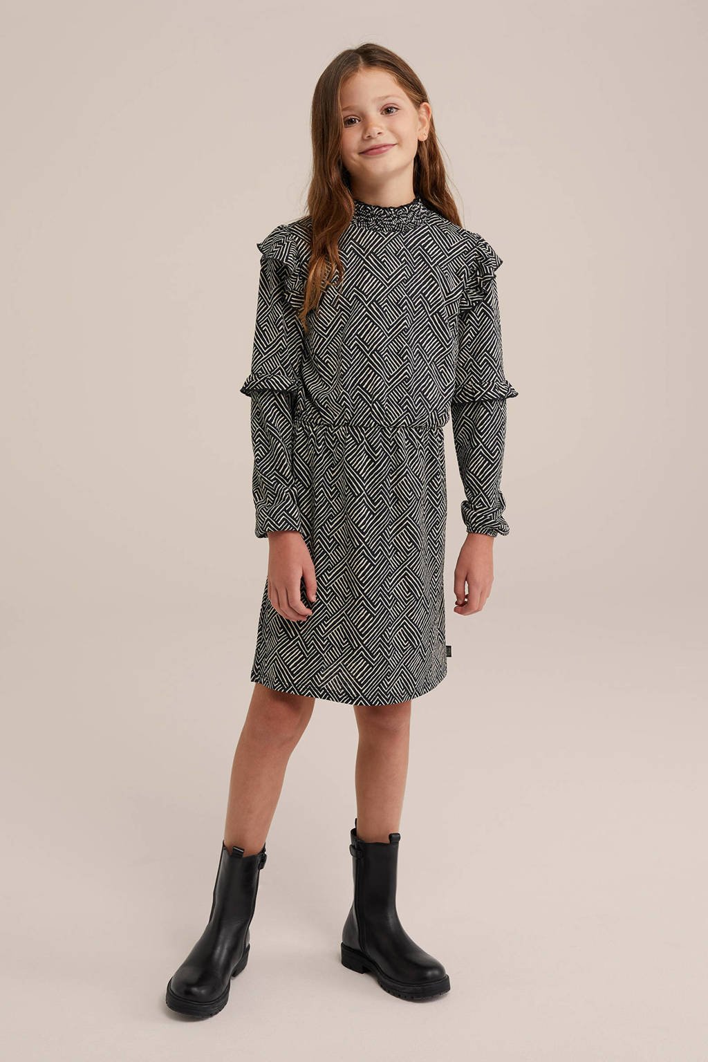WE Fashion jurk met all over print zwart/beige