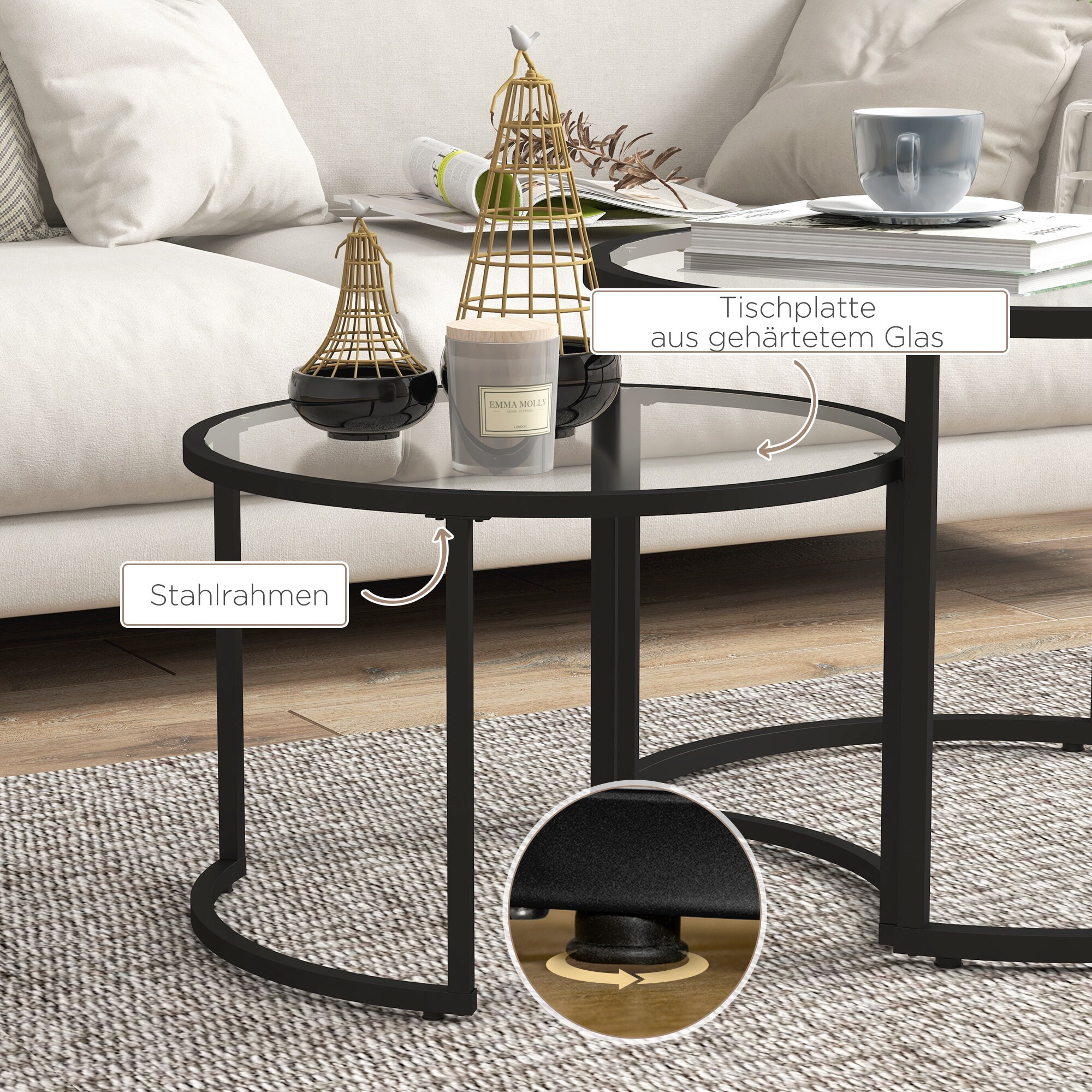 HOMCOM Couchtisch-Set mit Fußstützen schwarz 70L x 70B x 47,5H cm