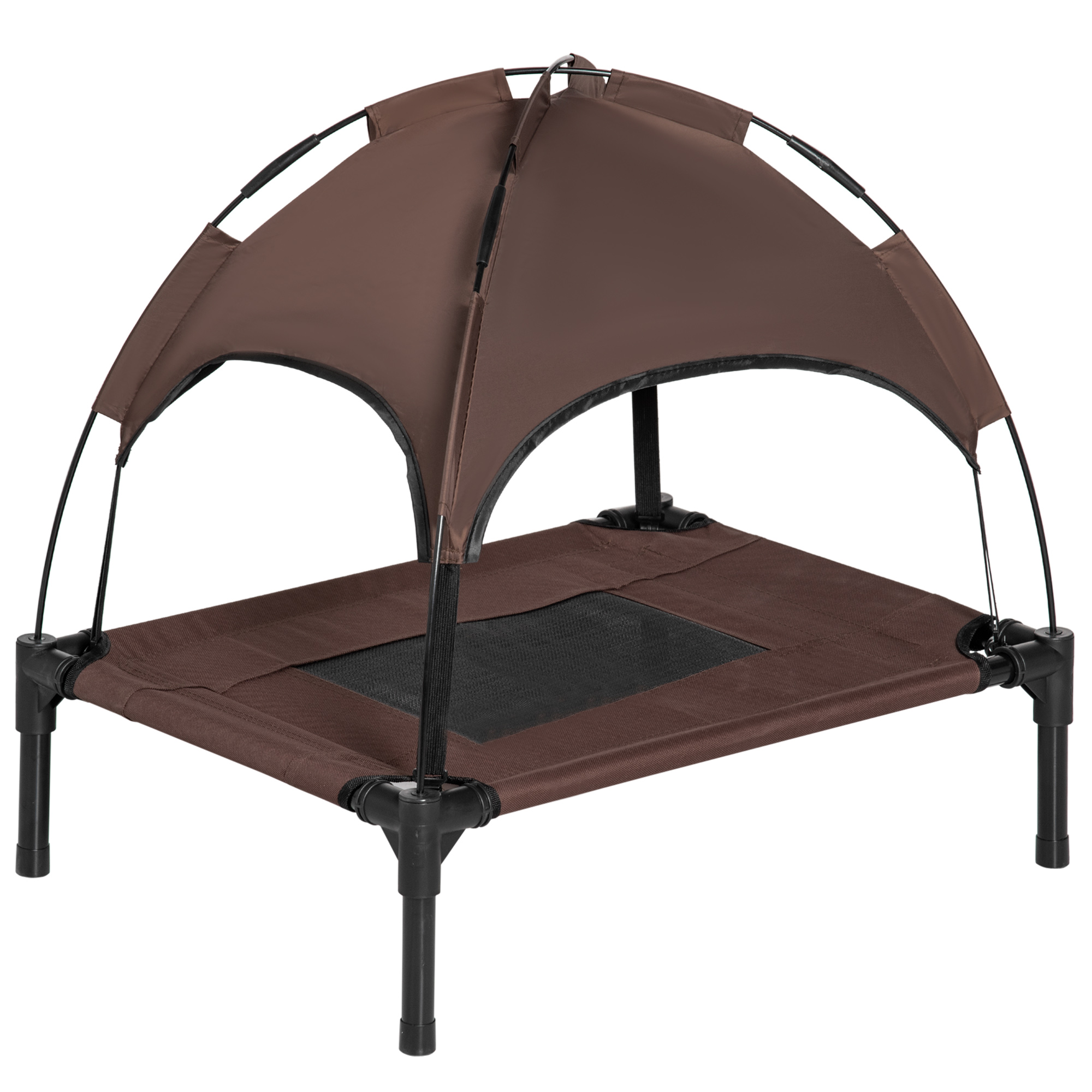Cama portátil elevada para animais de estimação PawHut com cobertura removível, tecido respirável, para uso interno e externo, 61x46x62 cm, cor café.
