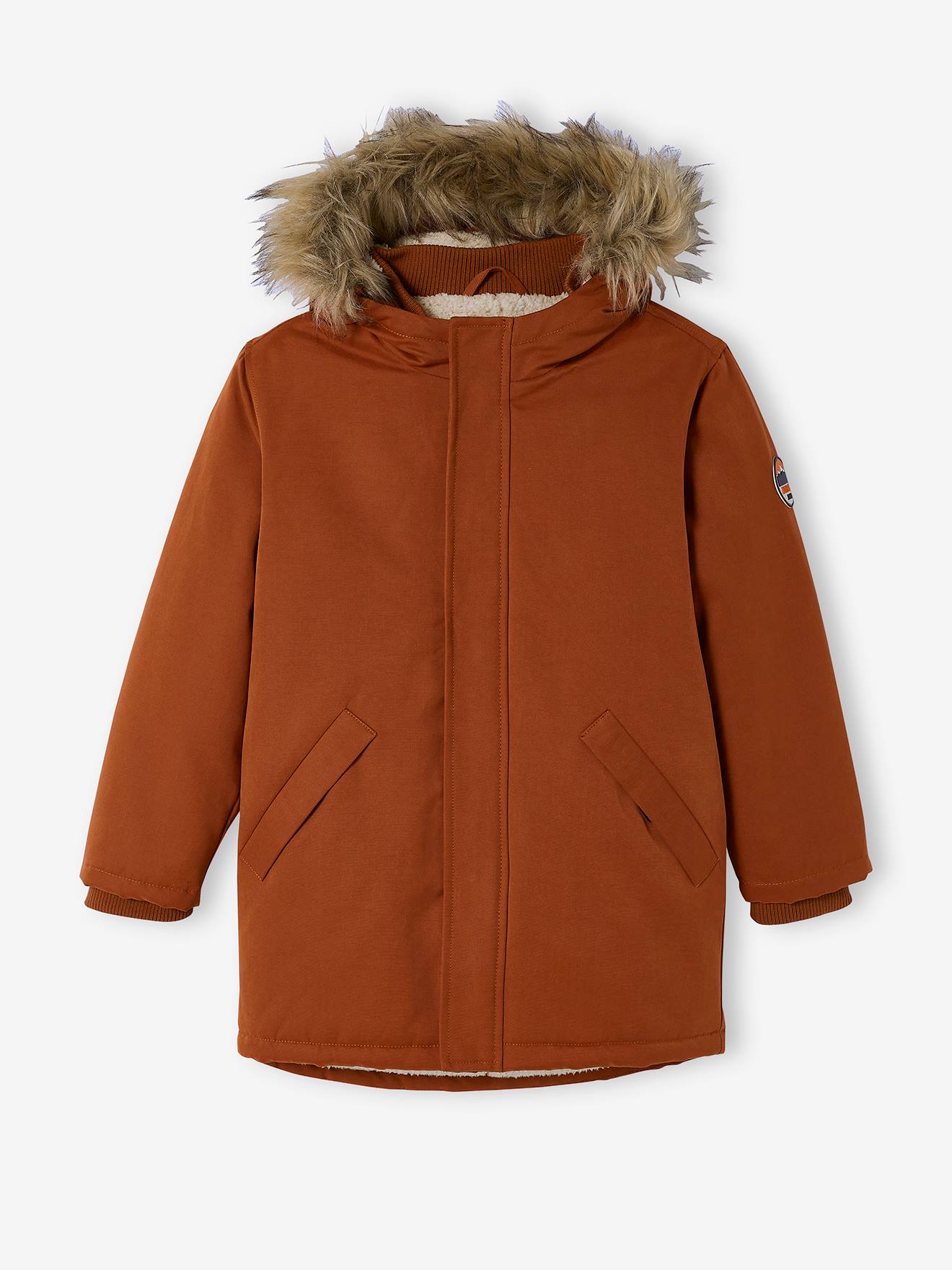 Parka com capuz e forro de sherpa, enchimento de poliéster reciclado, verde médio liso com motivos para meninos