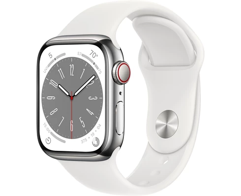 Apple Watch Series 8 GPS   Cellular 41mm Silver Stainless Steel Case with White Sport Band - Regular